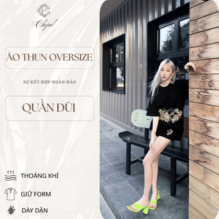 Bộ Áo Phông Nữ Chepol Cao Cấp, Form Rộng, In Hoa, Cổ Tròn, Phối Quần Đùi, Chất Cotton (Áo Thun Đen + Quần Đùi )-CP_x2814