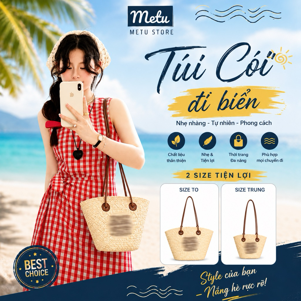 Túi cói, túi đi biển thiết kế vintage gắn gỗ 16