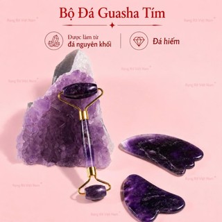 Đá Guasha Thạch Anh Tím Kèm Cây Lăn Thạch Anh Tím Hàng Hiếm Cao Cấp Giúp Nâng Cơ Mặt Giảm Nếp Nhăn - Bộ Đá Guasha Tím