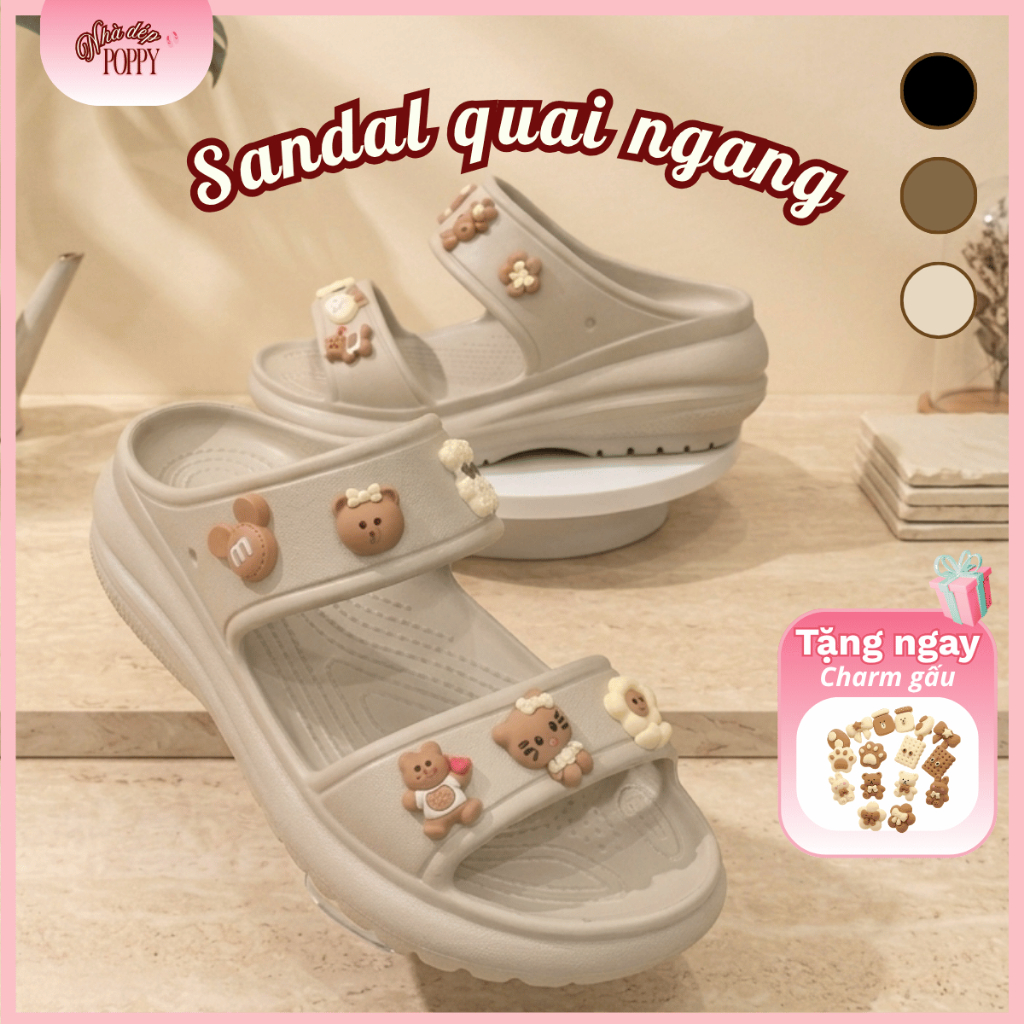 Dép Bánh Mì Nữ Đế Cao 6cm Chống Trơn Trượt, Dép 2 Quai Ngang Tặng Kèm Charm Gấu Trái Tim Dễ Thương