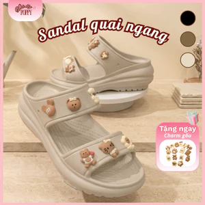 Dép Bánh Mì Nữ Đế Cao 6cm Chống Trơn Trượt, Dép 2 Quai Ngang Tặng Kèm Charm Gấu Trái Tim Dễ Thương