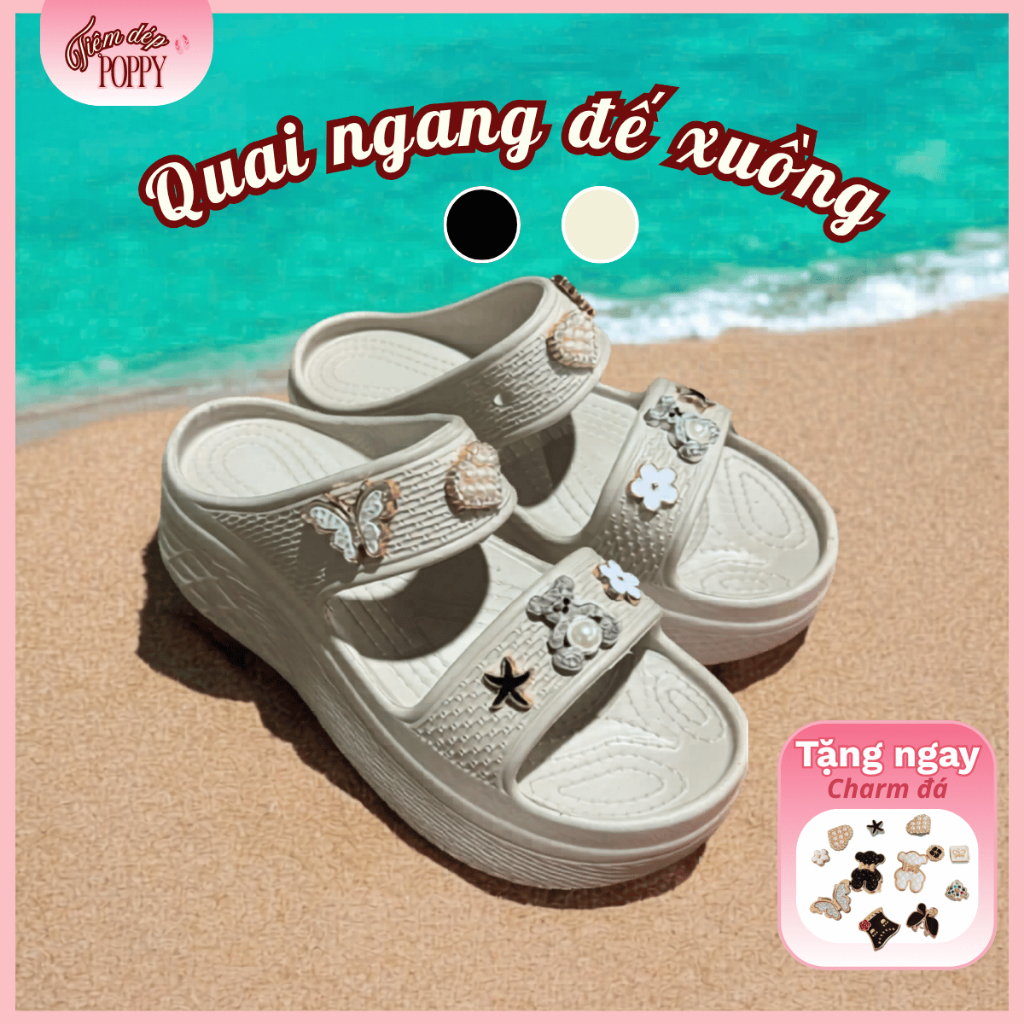 Dép Nữ 2 Quai Đế Xuồng 6cm Đi Biển Chống Nước Chống Trượt, Dép Sandal Bánh Mì Tặng Kèm Charm Đá
