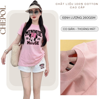 Bộ Áo Phông Nữ Chepol Form Rộng, In Mouse, Cổ Tròn, Chất Cotton Cao Cấp ( Áo Thun Hồng Nhạt + Quần Đùi Trắng ) -CP_12590