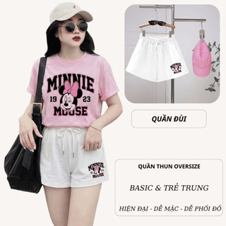 Bộ Áo Phông Nữ Chepol Form Rộng, In Mouse, Cổ Tròn, Chất Cotton Cao Cấp ( Áo Thun Hồng Nhạt + Quần Đùi Trắng ) -CP_12590