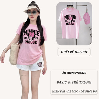 Bộ Áo Phông Nữ Chepol Form Rộng, In Mouse, Cổ Tròn, Chất Cotton Cao Cấp ( Áo Thun Hồng Nhạt + Quần Đùi Trắng ) -CP_12590