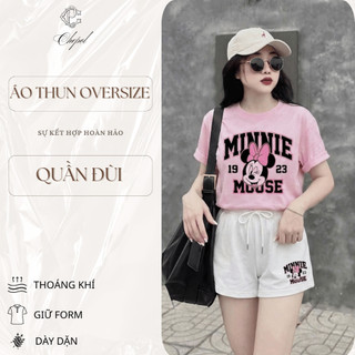 Bộ Áo Phông Nữ Chepol Form Rộng, In Mouse, Cổ Tròn, Chất Cotton Cao Cấp ( Áo Thun Hồng Nhạt + Quần Đùi Trắng ) -CP_12590