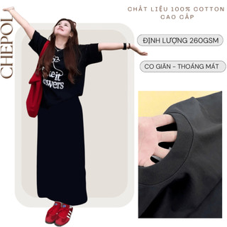 Bộ Áo Phông Nữ Chepol Cao Cấp, Form Rộng, In Chữ, Cổ Tròn, Phối Chân Váy Dài, Chất Cotton (Áo Thun Đen+CV Suông)CP_10851