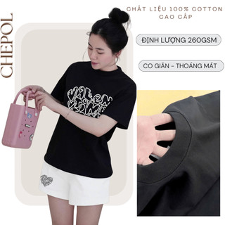 Bộ Áo Phông Nữ Chepol Form Rộng, In Trái Tim, Cổ Tròn, Phối Quần Đùi, Chất Cotton( Áo Thun Đen + Quần Đùi Trắng)CP_x4737
