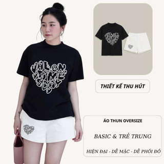 Bộ Áo Phông Nữ Chepol Form Rộng, In Trái Tim, Cổ Tròn, Phối Quần Đùi, Chất Cotton( Áo Thun Đen + Quần Đùi Trắng)CP_x4737