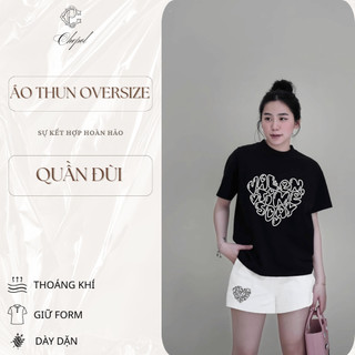 Bộ Áo Phông Nữ Chepol Form Rộng, In Trái Tim, Cổ Tròn, Phối Quần Đùi, Chất Cotton( Áo Thun Đen + Quần Đùi Trắng)CP_x4737