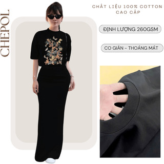 Bộ Áo Phông Nữ Chepol Cao Cấp Form Rộng, In Hoa, Cổ Tròn, Phối Chân Váy Dài, Chất Cotton(Áo Thun Đen+CV Đuôi Cá)CP_x7135