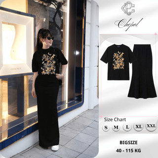 Bộ Áo Phông Nữ Chepol Cao Cấp Form Rộng, In Hoa, Cổ Tròn, Phối Chân Váy Dài, Chất Cotton(Áo Thun Đen+CV Đuôi Cá)CP_x7135