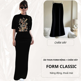 Bộ Áo Phông Nữ Chepol Cao Cấp Form Rộng, In Hoa, Cổ Tròn, Phối Chân Váy Dài, Chất Cotton(Áo Thun Đen+CV Đuôi Cá)CP_x7135