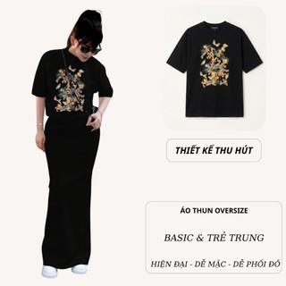 Bộ Áo Phông Nữ Chepol Cao Cấp Form Rộng, In Hoa, Cổ Tròn, Phối Chân Váy Dài, Chất Cotton(Áo Thun Đen+CV Đuôi Cá)CP_x7135