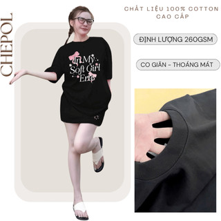 Bộ Áo Phông Nữ Chepol Cao Cấp, Form Rộng, In Nơ, Cổ Tròn, Phối Chân Váy Ngắn, Chất Cotton(Áo Thun Đen + CV Đen)-CP_x3999