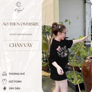 Bộ Áo Phông Nữ Chepol Cao Cấp, Form Rộng, In Nơ, Cổ Tròn, Phối Chân Váy Ngắn, Chất Cotton(Áo Thun Đen + CV Đen)-CP_x3999
