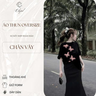 Bộ Áo Thun Nữ CHEPOL Cao Cấp, Form Rộng, In Bướm, Cổ Tròn, Phối Chân Váy Dài, Chất Cotton(Áo Thun Đen+CVĐuôi Cá)CP_x4571