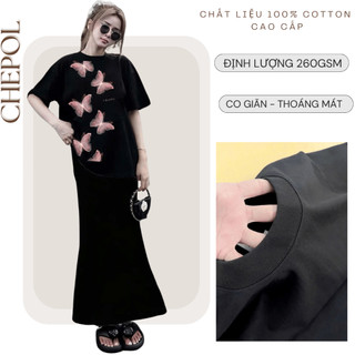 Bộ Áo Thun Nữ CHEPOL Cao Cấp, Form Rộng, In Bướm, Cổ Tròn, Phối Chân Váy Dài, Chất Cotton(Áo Thun Đen+CVĐuôi Cá)CP_x4571