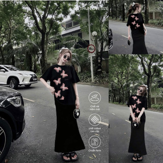 Bộ Áo Thun Nữ CHEPOL Cao Cấp, Form Rộng, In Bướm, Cổ Tròn, Phối Chân Váy Dài, Chất Cotton(Áo Thun Đen+CVĐuôi Cá)CP_x4571