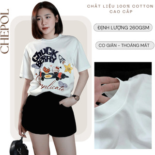 Bộ Áo Phông Nữ Chepol Form Rộng, In CHUCK, Cổ Tròn, Phối Quần Đùi, Chất Cotton ( Áo Thun Trắng + Quần Đùi Đen) -CP_13146