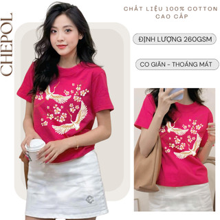 Bộ Áo Phông Nữ CHEPOL Cao Cấp, Form Rộng, Cổ Tròn, Phối Chân Váy Ngắn, Chất Cotton (Áo Thun Hồng Sen +CV Ngắn ) CP_11111