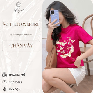 Bộ Áo Phông Nữ CHEPOL Cao Cấp, Form Rộng, Cổ Tròn, Phối Chân Váy Ngắn, Chất Cotton (Áo Thun Hồng Sen +CV Ngắn ) CP_11111