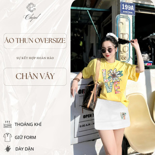 Bộ Áo Phông Nữ Chepol Cao Cấp Form Rộng, In Trái Tim, Cổ Tròn, Phối Chân Váy, Chất Cotton(Áo Thun Vàng+CV Trắng)CP_10158