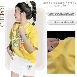 Bộ Áo Phông Nữ Chepol Cao Cấp Form Rộng, In Trái Tim, Cổ Tròn, Phối Chân Váy, Chất Cotton(Áo Thun Vàng+CV Trắng)CP_10158