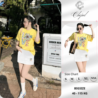 Bộ Áo Phông Nữ Chepol Cao Cấp Form Rộng, In Trái Tim, Cổ Tròn, Phối Chân Váy, Chất Cotton(Áo Thun Vàng+CV Trắng)CP_10158