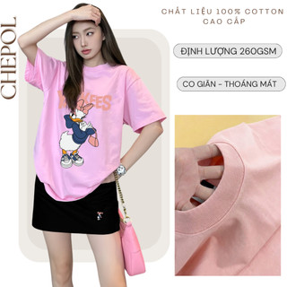 Bộ Áo Phông Nữ Chepol Cao Cấp, Form Rộng, In Chú Vịt, Cổ Tròn, Phối Chân Váy, Chất Cotton (Áo Thun Hồng+CV Ngắn)CP_x6239
