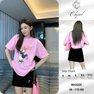 Bộ Áo Phông Nữ Chepol Cao Cấp, Form Rộng, In Chú Vịt, Cổ Tròn, Phối Chân Váy, Chất Cotton (Áo Thun Hồng+CV Ngắn)CP_x6239