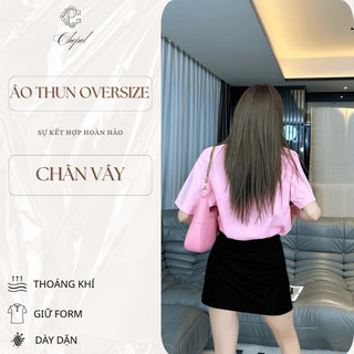 Bộ Áo Phông Nữ Chepol Cao Cấp, Form Rộng, In Chú Vịt, Cổ Tròn, Phối Chân Váy, Chất Cotton (Áo Thun Hồng+CV Ngắn)CP_x6239