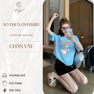 Bộ Áo Phông Nữ Chepol, Form Rộng, In Trái Tim, Cổ Tròn, Phối Chân Váy, Chất Cotton (Áo Thun Xanh Biển + CV Ngắn)CP_x7655