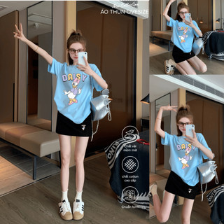 Bộ Áo Phông Nữ Chepol, Form Rộng, In Trái Tim, Cổ Tròn, Phối Chân Váy, Chất Cotton (Áo Thun Xanh Biển + CV Ngắn)CP_x7655