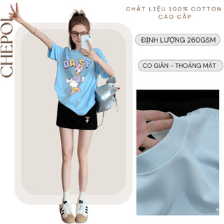 Bộ Áo Phông Nữ Chepol, Form Rộng, In Trái Tim, Cổ Tròn, Phối Chân Váy, Chất Cotton (Áo Thun Xanh Biển + CV Ngắn)CP_x7655