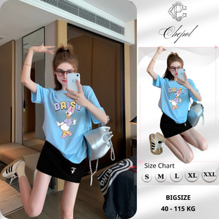Bộ Áo Phông Nữ Chepol, Form Rộng, In Trái Tim, Cổ Tròn, Phối Chân Váy, Chất Cotton (Áo Thun Xanh Biển + CV Ngắn)CP_x7655