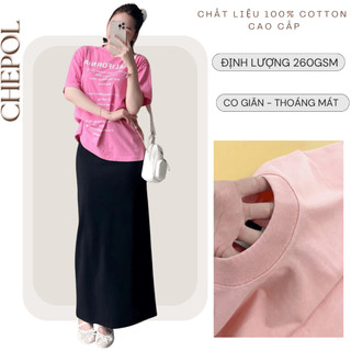 Bộ Áo Phông Nữ Chepol Cao Cấp Form Rộng, In Chữ, Cổ Tròn, Phối Chân Váy, Chất Cotton (Áo Thun Hồng Đậm+CV Suông)CP_10482