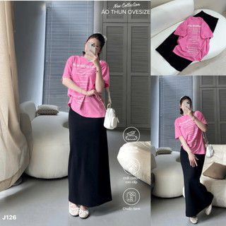 Bộ Áo Phông Nữ Chepol Cao Cấp Form Rộng, In Chữ, Cổ Tròn, Phối Chân Váy, Chất Cotton (Áo Thun Hồng Đậm+CV Suông)CP_10482