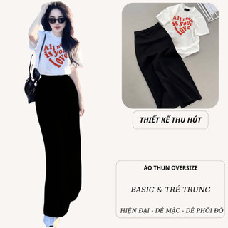 Bộ Áo Thun Nữ CHEPOL Cao Cấp, Form Rộng, Phối Chân Váy Dài, In Trái Tim, Chất Cotton( Áo Thun Trắng + CV Suông )CP_11216