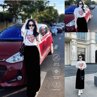 Bộ Áo Thun Nữ CHEPOL Cao Cấp, Form Rộng, Phối Chân Váy Dài, In Trái Tim, Chất Cotton( Áo Thun Trắng + CV Suông )CP_11216