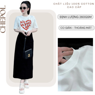 Bộ Áo Thun Nữ CHEPOL Cao Cấp, Form Rộng, Phối Chân Váy Dài, In Trái Tim, Chất Cotton( Áo Thun Trắng + CV Suông )CP_11216