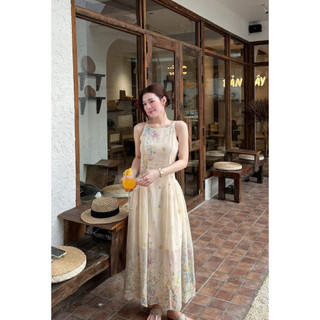 Váy Thô Hoa Maxi Dáng Dài Cổ Yếm Xoè Bồng QC