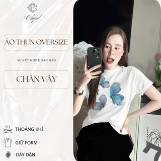 Bộ Áo Thun Nữ CHEPOL Cao Cấp, Form Rộng, Phối Chân Váy Dài, In Bướm, Chất Cotton ( Áo Phông Trắng + CV Suông) CP_x8683