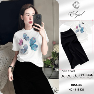 Bộ Áo Thun Nữ CHEPOL Cao Cấp, Form Rộng, Phối Chân Váy Dài, In Bướm, Chất Cotton ( Áo Phông Trắng + CV Suông) CP_x8683