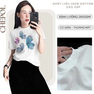 Bộ Áo Thun Nữ CHEPOL Cao Cấp, Form Rộng, Phối Chân Váy Dài, In Bướm, Chất Cotton ( Áo Phông Trắng + CV Suông) CP_x8683