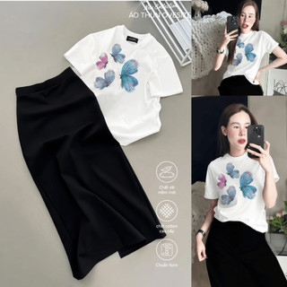 Bộ Áo Thun Nữ CHEPOL Cao Cấp, Form Rộng, Phối Chân Váy Dài, In Bướm, Chất Cotton ( Áo Phông Trắng + CV Suông) CP_x8683