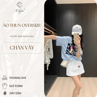 Bộ Áo Thun Nữ CHEPOL Cao Cấp, Form Rộng, Phối Chân Váy Ngắn, In Mickey, Chất Cotton(Áo Thun Xanh BIển+ CV Trắng)CP_x8278