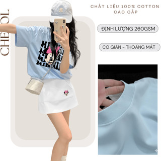 Bộ Áo Thun Nữ CHEPOL Cao Cấp, Form Rộng, Phối Chân Váy Ngắn, In Mickey, Chất Cotton(Áo Thun Xanh BIển+ CV Trắng)CP_x8278