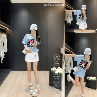Bộ Áo Thun Nữ CHEPOL Cao Cấp, Form Rộng, Phối Chân Váy Ngắn, In Mickey, Chất Cotton(Áo Thun Xanh BIển+ CV Trắng)CP_x8278