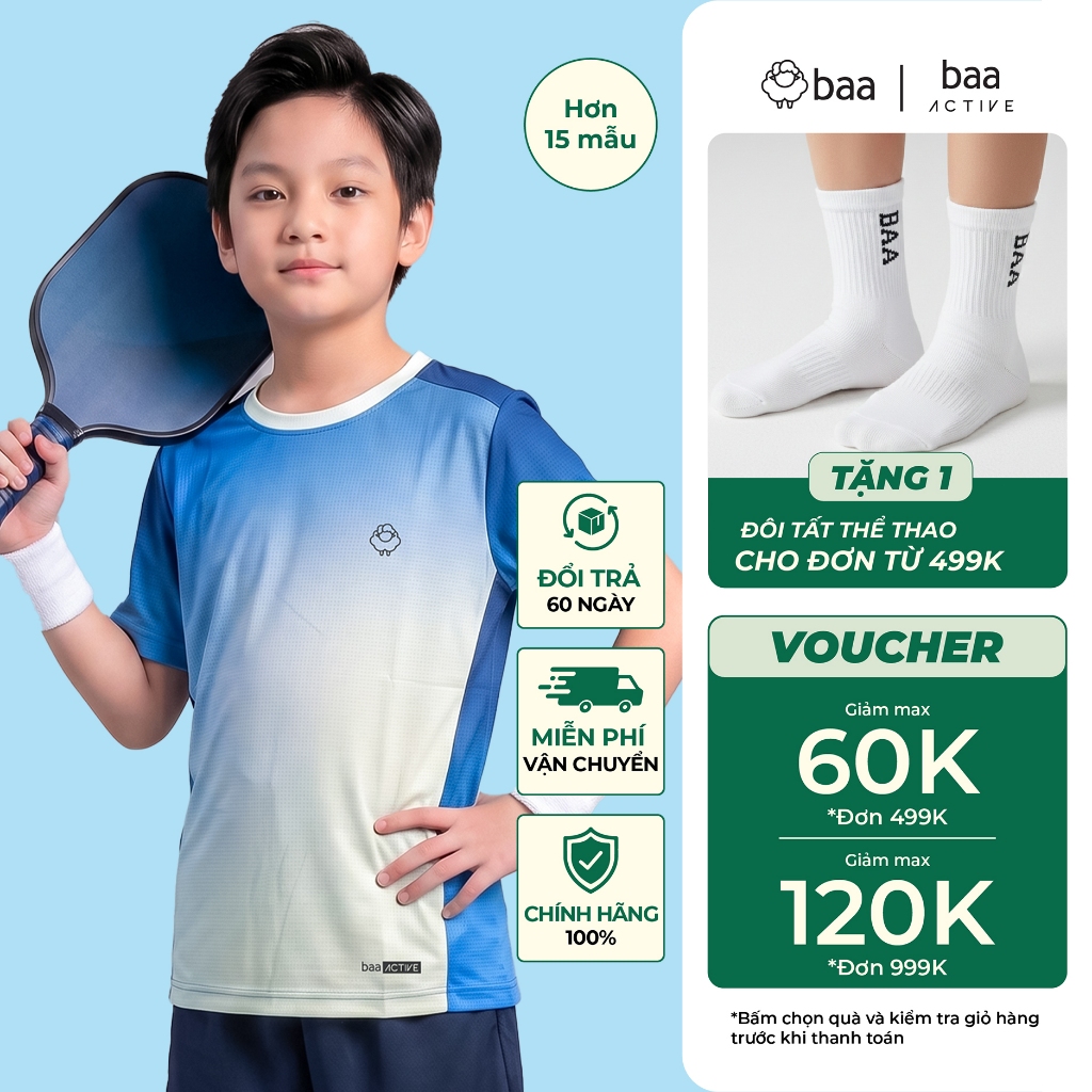 [Tặng 1 Vớ Đơn 499k] Áo thun thể thao chạy bộ cho bé trai, bé gái siêu mát nhẹ, thấm hút 18 - 52kg Baa Active AT34N